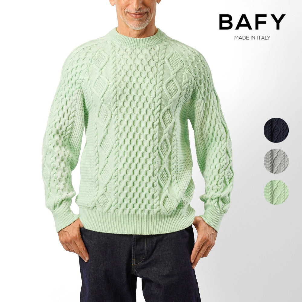 バフィー BAFY 71700 フィッシャーマンニット ウール メンズ ニット ミドルゲージニット レギュラーフィット メリノウール ウール100% セーター ミドルゲージ 長袖 ブランド イタリア ライトグリーン ネイビー グレー 秋 冬