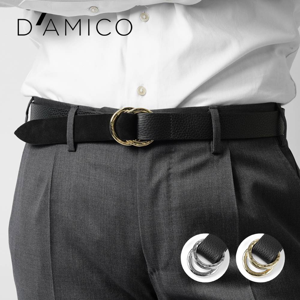 D'AMICO ダミーコ リングベルト ゴールドバックル シルバーバックル レザー x スエード ACU2452 ブラック Andrea D'AMICO アンドレアダミコ メンズベルト 無段階ベルト 無段階調整ベルト 穴無しベルト 穴なし 本革 牛革 レザーベルト 紳士ベルト 男性用ベルト カジュアル