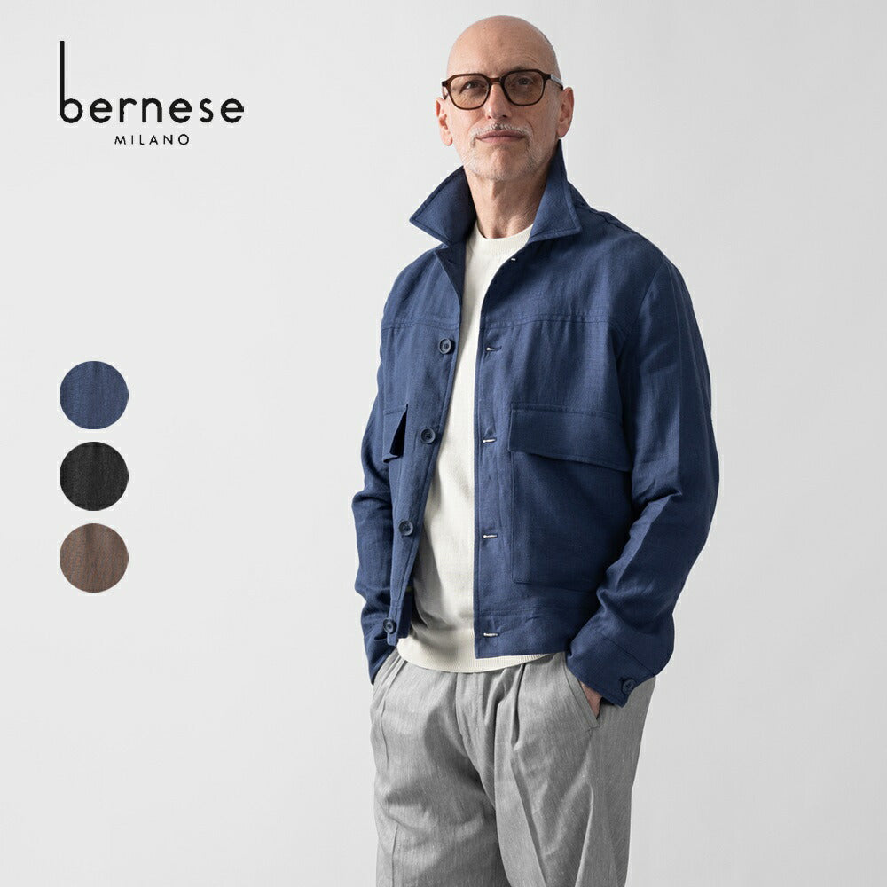 ベルネーゼミラノ BERNESE MILANO ワークジャケット リネン ブルー ブラック ブラウン TLI57GB36BP25 リネンジャケット 25春夏 セットアップ対応 メンズ カジュアル ブランド イタリア