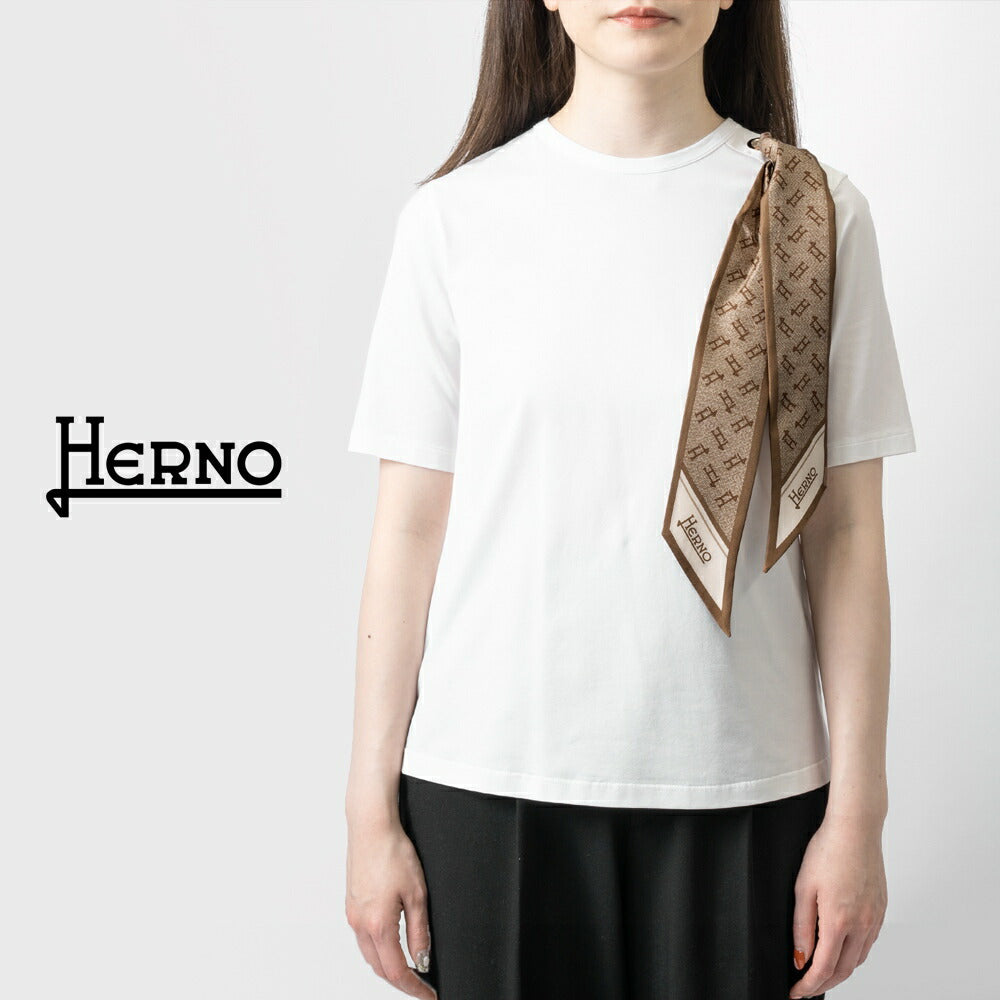 【返品不可】ヘルノ HERNO Tシャツ JG000219D レディース スカーフ付き クルーネック ブラック ホワイト ネイビー きれいめ エレガント 半袖 スリム ブランド 白 黒 紺 無地 スカーフ モノグラム シルクスカーフ 春 夏 コットンジャージー コットン ストレッチ