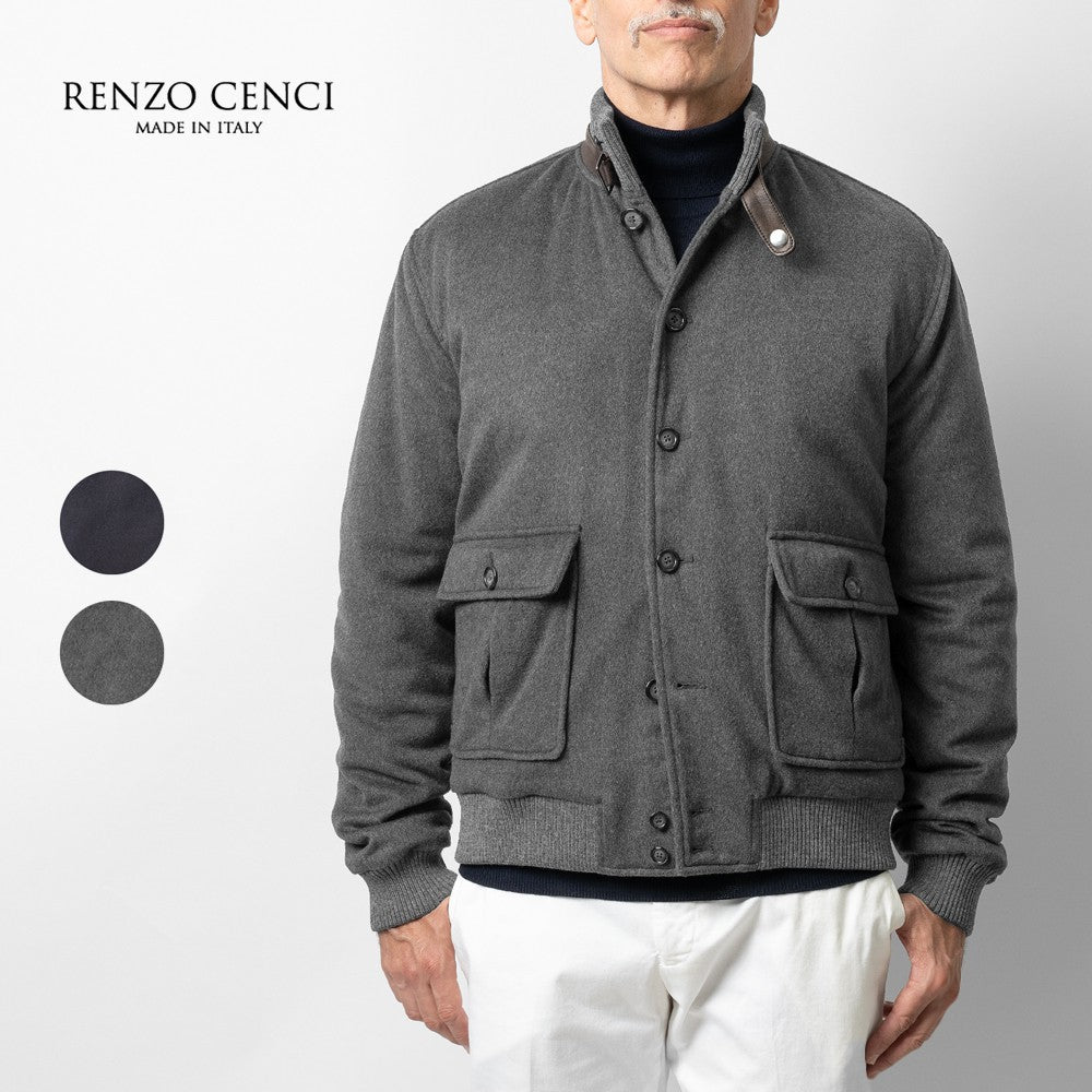 【返品不可】RENZO CENCI レンツォチェンチ 6384-COMO パデッド ブルゾン ネイビー グレー カシミア混ウール ヴァルスタリーノ バルスター バルスタリーノ ブルゾン メンズ レザー イタリア ショート丈 ジャケット バルスター カシミア 中綿 スタンドカラー
