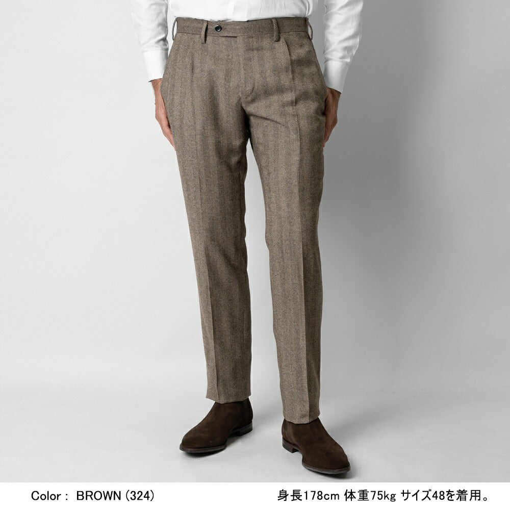ジェルマーノ GERMANO スラックス 321G-9619 ワンプリーツ ウール ヘリンボーン ブラウン グレー 24秋冬 テーパード シャドーストライプ スラックス ストレッチ ワンプリーツ ビジネス メンズ イタリア パンツ