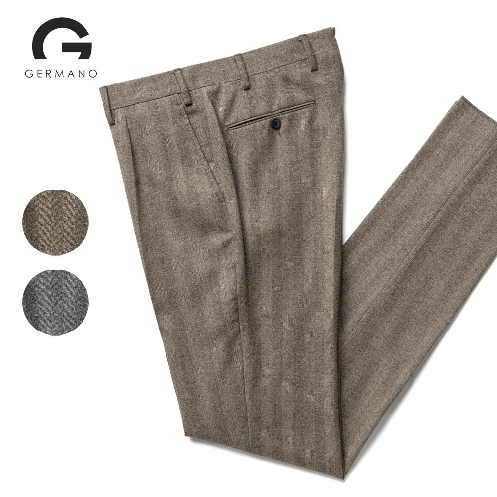 ジェルマーノ GERMANO スラックス 321G-9619 ワンプリーツ ウール ヘリンボーン ブラウン グレー 24秋冬 テーパード シャドーストライプ スラックス ストレッチ ワンプリーツ ビジネス メンズ イタリア パンツ