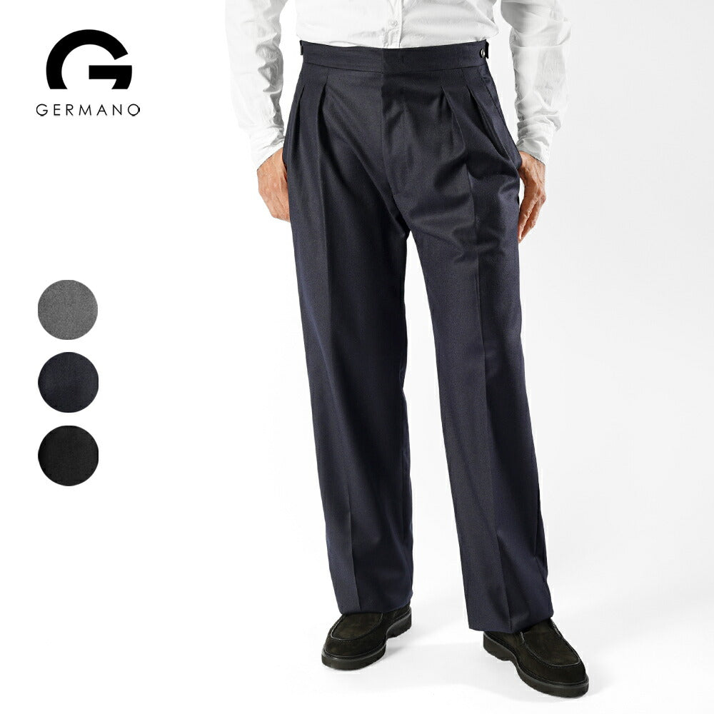 ジェルマーノ GERMANO 3ODG-3611 ベルトレス ワイドスラックス ツープリーツ フランネル ウール 25秋冬 ワイド スラックス フランネルウール グレー ネイビー ベルトレスパンツ ベルトループレス スラックス ナチュラル ストレッチ ワンプリーツ ビジネス メンズ