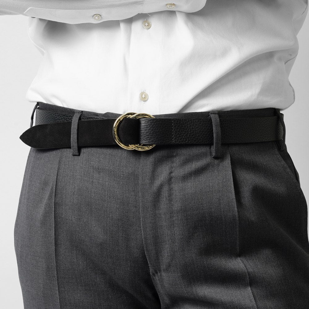 D'AMICO ダミーコ リングベルト ゴールドバックル シルバーバックル レザー x スエード ACU2452 ブラック Andrea D'AMICO アンドレアダミコ メンズベルト 無段階ベルト 無段階調整ベルト 穴無しベルト 穴なし 本革 牛革 レザーベルト 紳士ベルト 男性用ベルト カジュアル