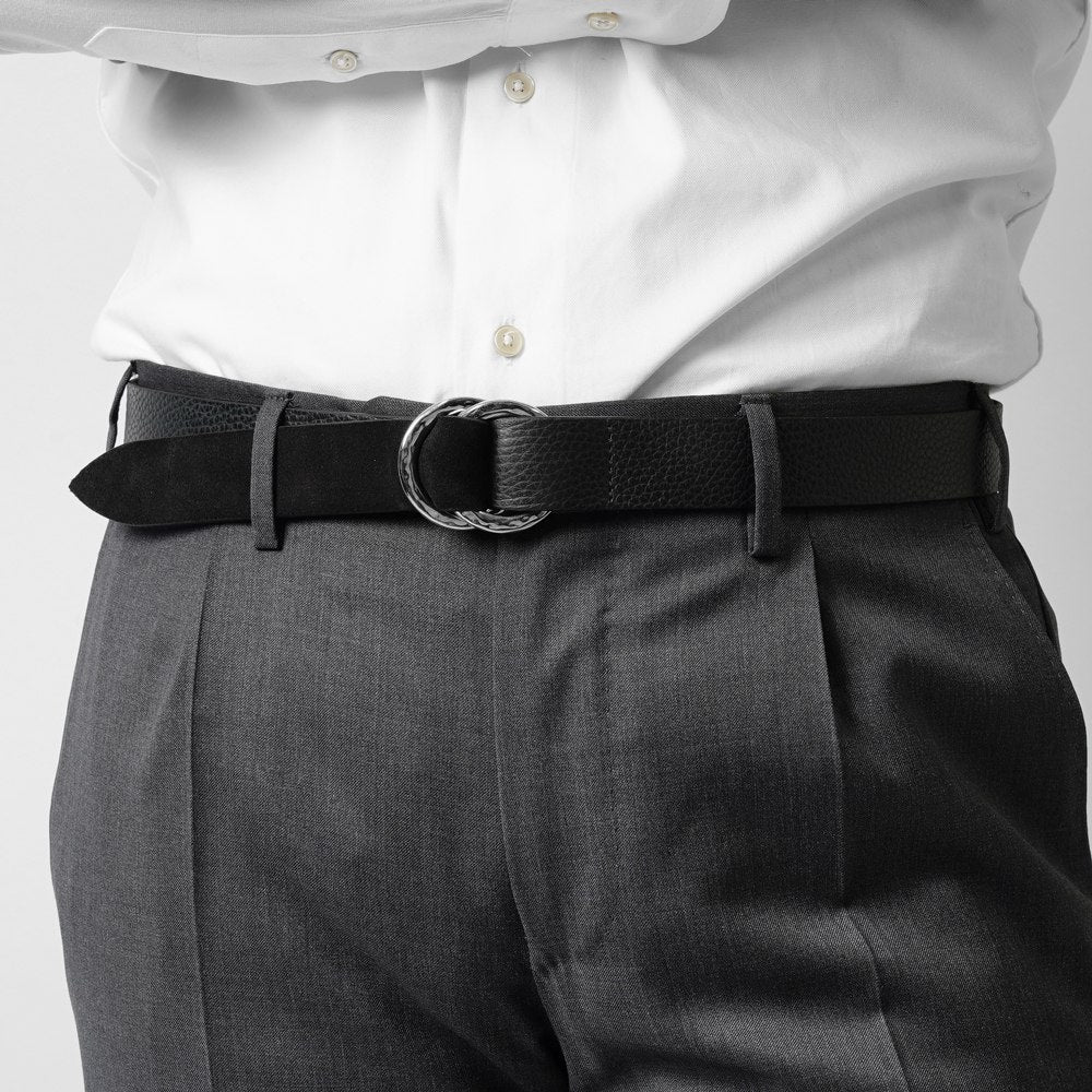 D'AMICO ダミーコ リングベルト ゴールドバックル シルバーバックル レザー x スエード ACU2452 ブラック Andrea D'AMICO アンドレアダミコ メンズベルト 無段階ベルト 無段階調整ベルト 穴無しベルト 穴なし 本革 牛革 レザーベルト 紳士ベルト 男性用ベルト カジュアル