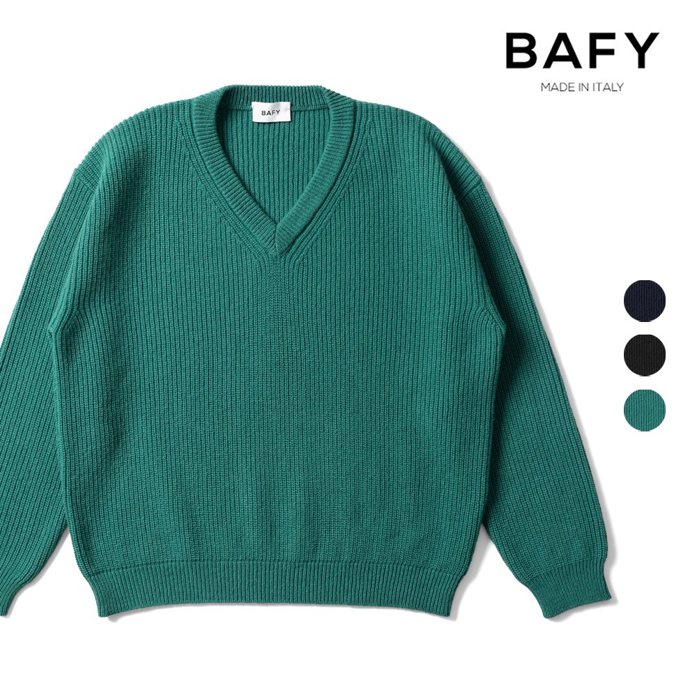 バフィー BAFY 32087 Vネックニット ウール メンズ ミドルゲージニット メリノウール ウール100% リラックスフィット オーバーサイズ セーター ミドルゲージ 長袖 ニット ブランド イタリア  ブラック  ネイビー エメラルドグリーン 秋 冬 2025