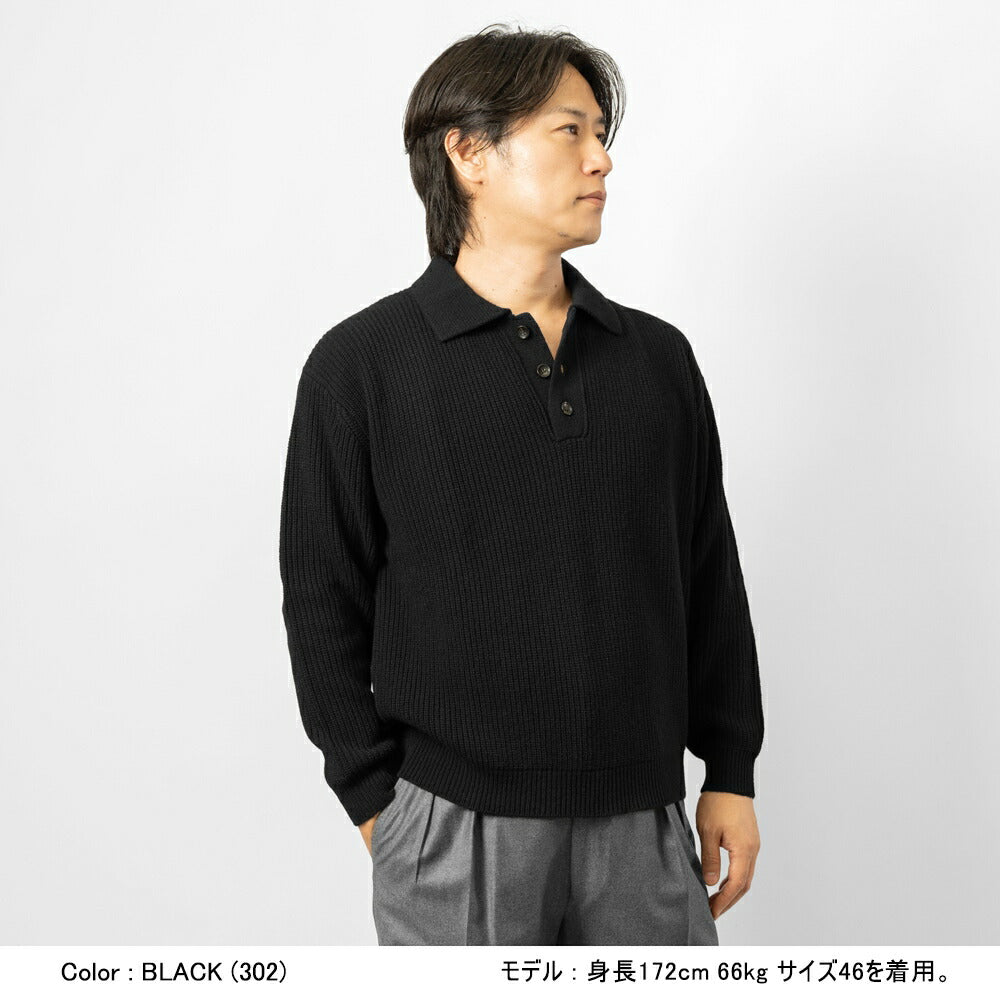 バフィー BAFY 36087 ニットポロ ウール メンズ ミドルゲージ ニット リラックスフィット オーバーサイズ メリノウール ウール100% セーター ミドルゲージ 長袖 ニットポロ ブランド イタリア ブラック ネイビー グレー オフホワイト 秋 冬