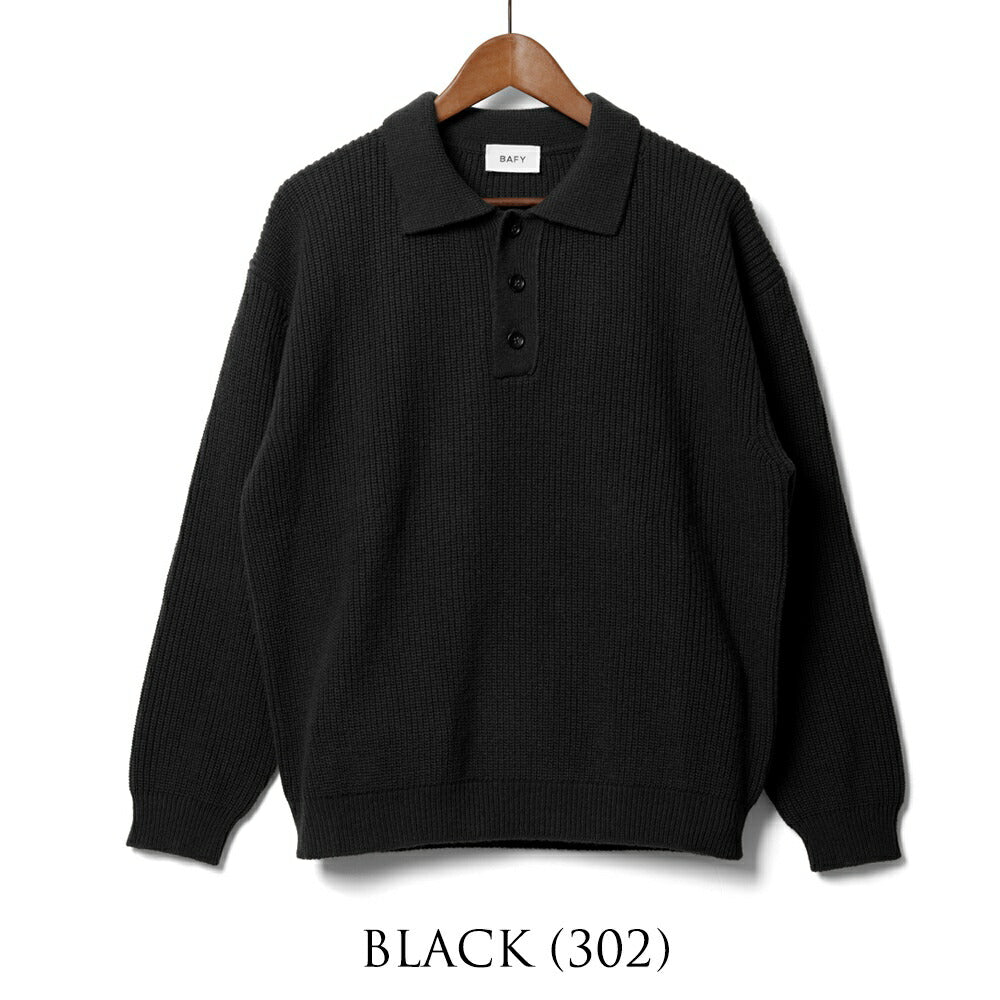 バフィー BAFY 36087 ニットポロ ウール メンズ ミドルゲージ ニット リラックスフィット オーバーサイズ メリノウール ウール100% セーター ミドルゲージ 長袖 ニットポロ ブランド イタリア ブラック ネイビー グレー オフホワイト 秋 冬