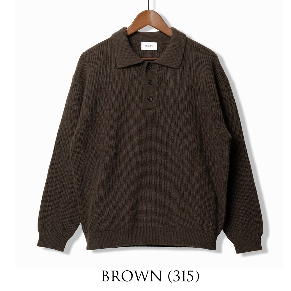バフィー BAFY 36087 ニットポロ ウール メンズ ミドルゲージ ニット リラックスフィット オーバーサイズ メリノウール ウール100% セーター ミドルゲージ 長袖 ニットポロ ブランド イタリア ブラック ネイビー グレー オフホワイト 秋 冬