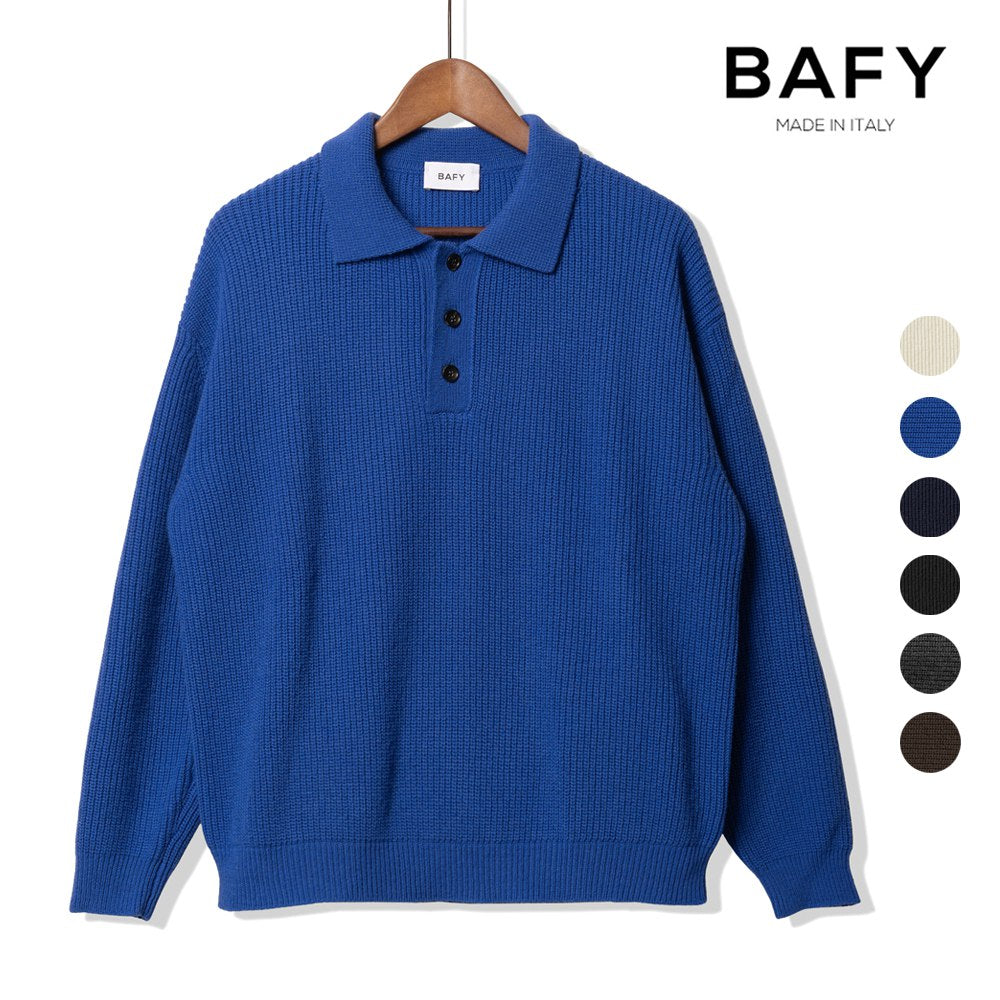 バフィー BAFY 36087 ニットポロ ウール メンズ ミドルゲージ ニット リラックスフィット オーバーサイズ メリノウール ウール100% セーター ミドルゲージ 長袖 ニットポロ ブランド イタリア ブラック ネイビー グレー オフホワイト 秋 冬