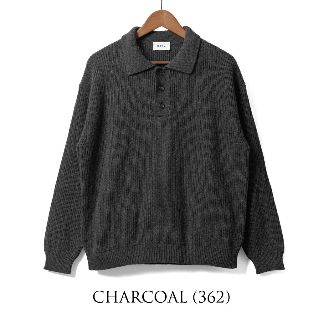 バフィー BAFY 36087 ニットポロ ウール メンズ ミドルゲージ ニット リラックスフィット オーバーサイズ メリノウール ウール100% セーター ミドルゲージ 長袖 ニットポロ ブランド イタリア ブラック ネイビー グレー オフホワイト 秋 冬
