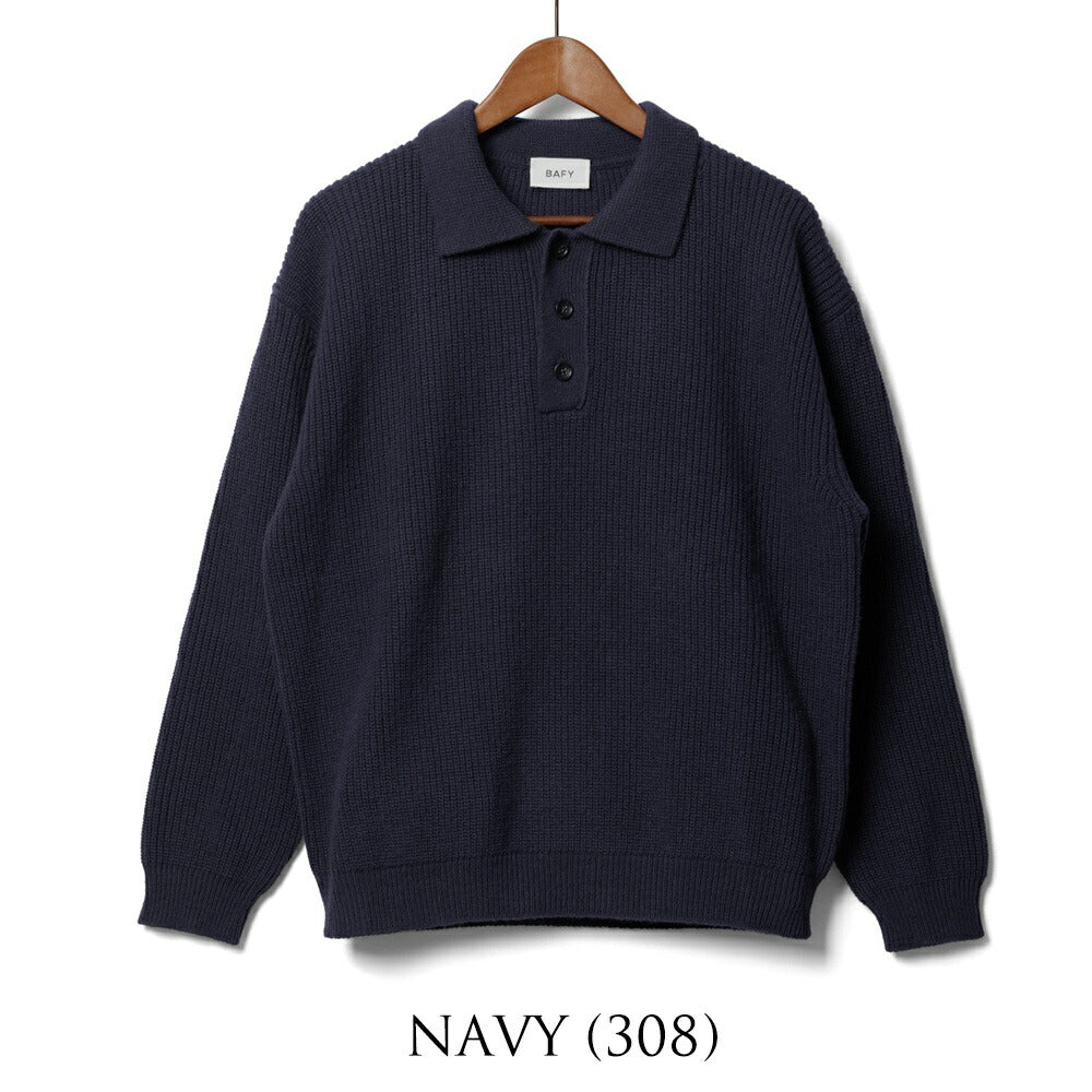 バフィー BAFY 36087 ニットポロ ウール メンズ ミドルゲージ ニット リラックスフィット オーバーサイズ メリノウール ウール100% セーター ミドルゲージ 長袖 ニットポロ ブランド イタリア ブラック ネイビー グレー オフホワイト 秋 冬