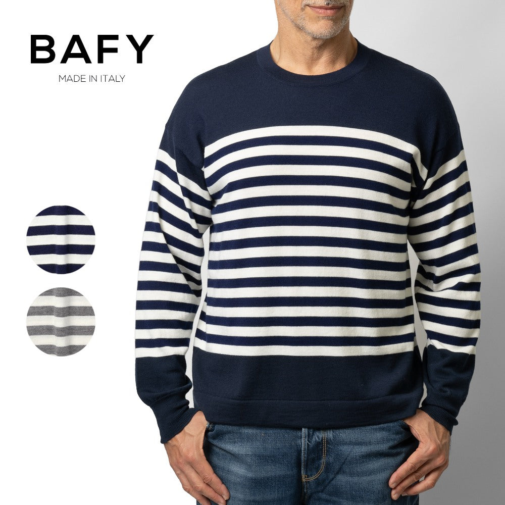 【返品不可】バフィー BAFY ボーダー ニット 4197 長袖 クルーネック リラックスフィット ハイゲージ ネイビー グレー 秋冬 イタリア メンズ セーター ブランド オーバーサイズ