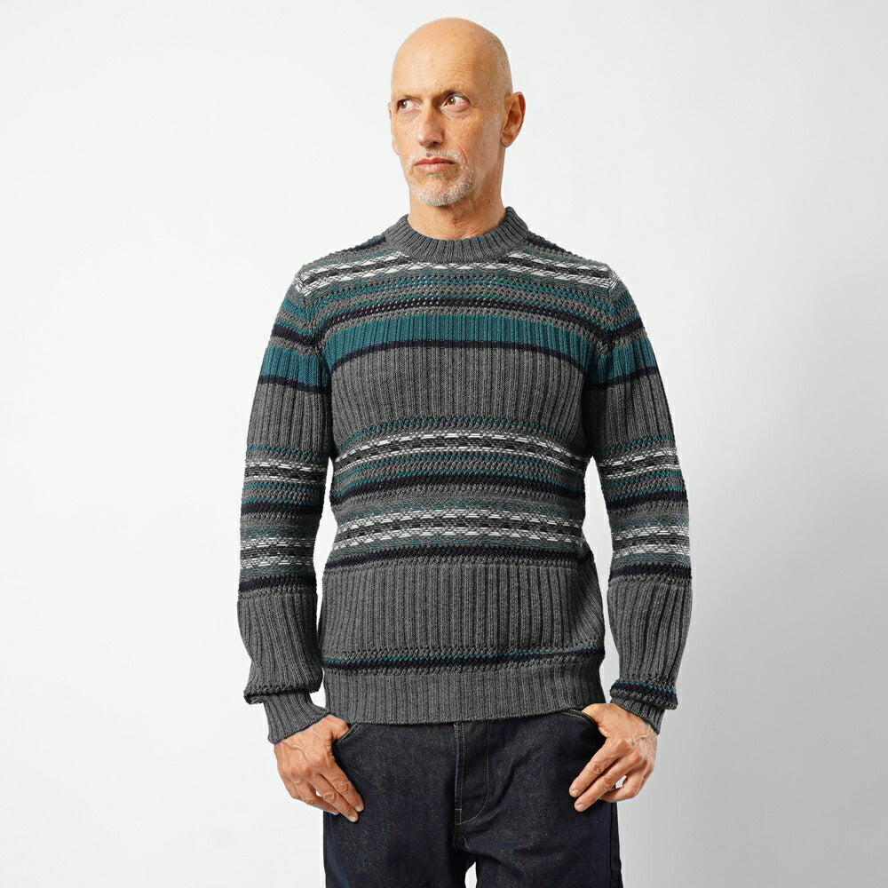バフィー BAFY 7144 クルーネックニット ボーダー ウール メンズ ミドルゲージニット オーバーサイズ メリノウール ウール100% セーター ミドルゲージ 長袖 ニット ブランド イタリア  グレー ネイティブ柄 ボーダー柄 秋 冬