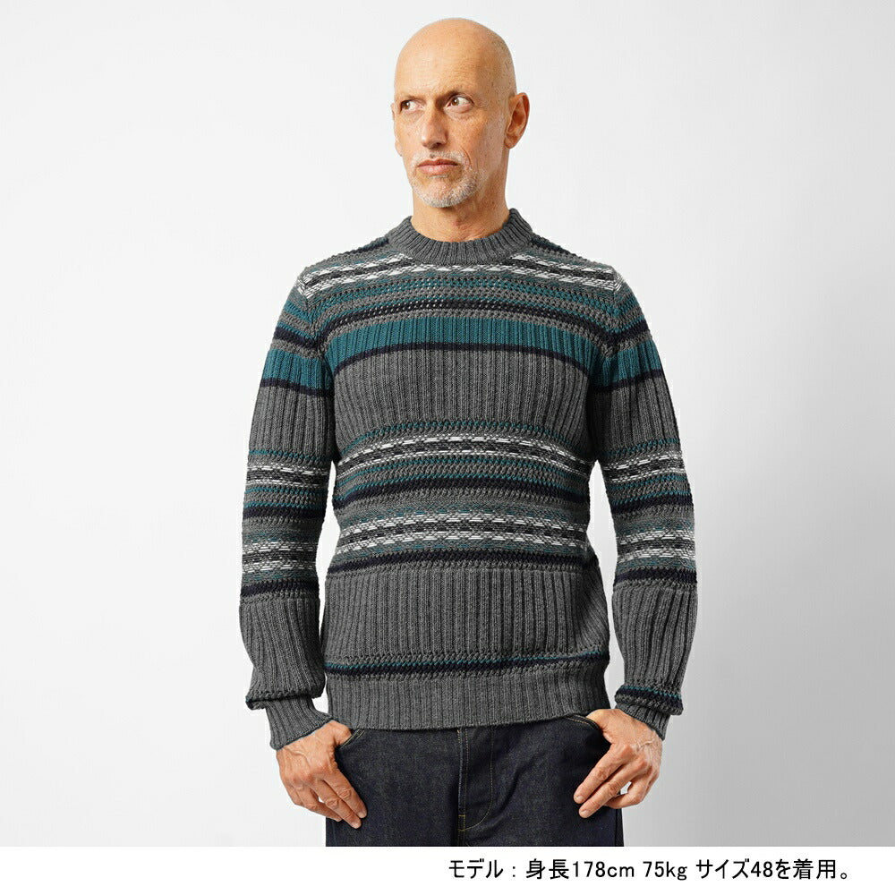 バフィー BAFY 7144 クルーネックニット ボーダー ウール メンズ ミドルゲージニット オーバーサイズ メリノウール ウール100% セーター ミドルゲージ 長袖 ニット ブランド イタリア  グレー ネイティブ柄 ボーダー柄 秋 冬