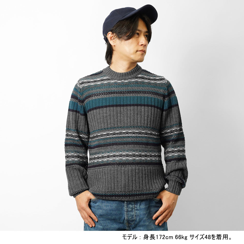 バフィー BAFY 7144 クルーネックニット ボーダー ウール メンズ ミドルゲージニット オーバーサイズ メリノウール ウール100% セーター ミドルゲージ 長袖 ニット ブランド イタリア  グレー ネイティブ柄 ボーダー柄 秋 冬
