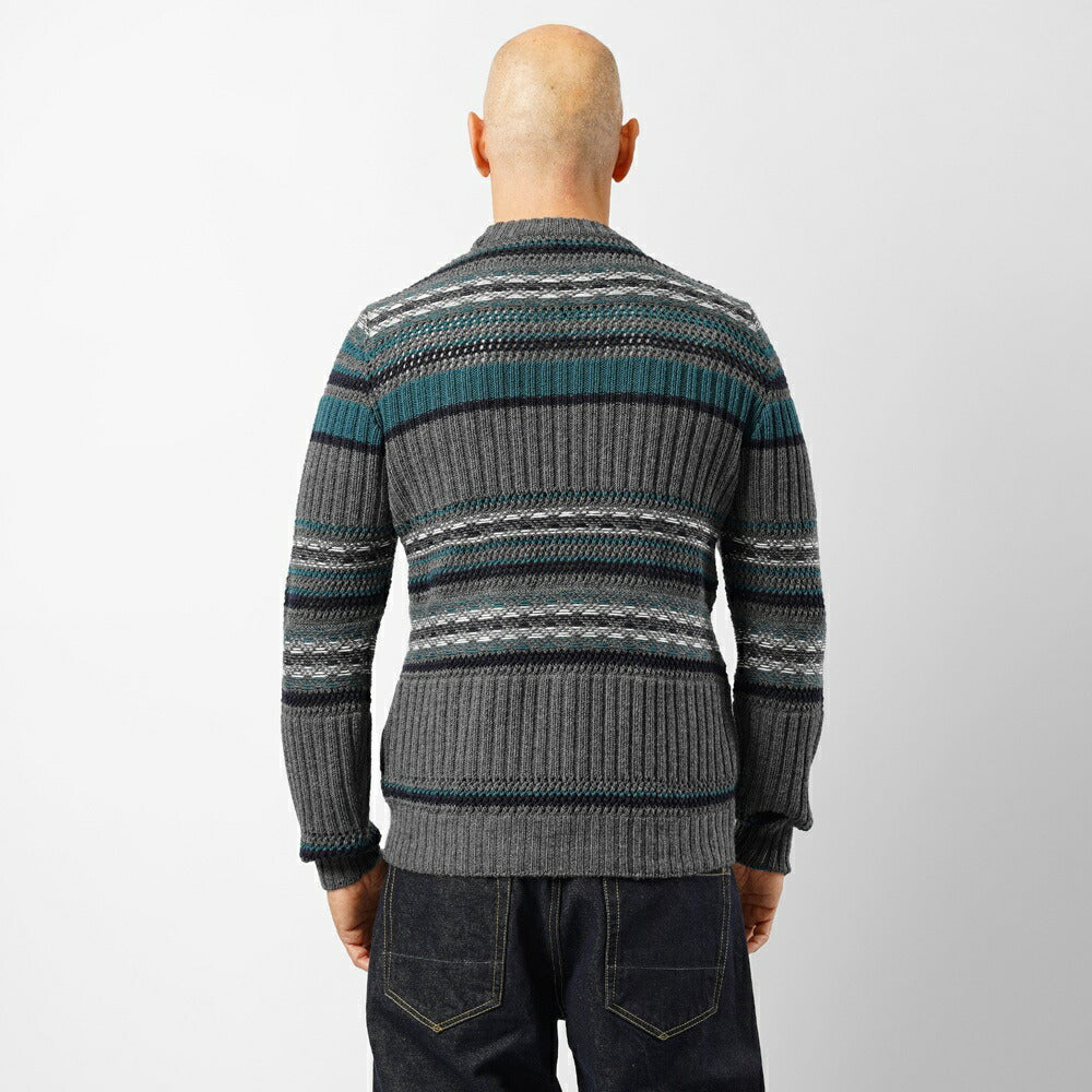 バフィー BAFY 7144 クルーネックニット ボーダー ウール メンズ ミドルゲージニット オーバーサイズ メリノウール ウール100% セーター ミドルゲージ 長袖 ニット ブランド イタリア  グレー ネイティブ柄 ボーダー柄 秋 冬