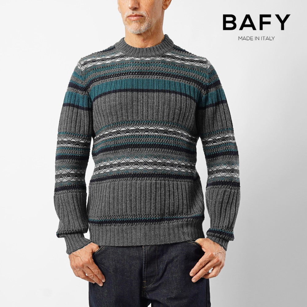 バフィー BAFY 7144 クルーネックニット ボーダー ウール メンズ ミドルゲージニット オーバーサイズ メリノウール ウール100% セーター ミドルゲージ 長袖 ニット ブランド イタリア  グレー ネイティブ柄 ボーダー柄 秋 冬