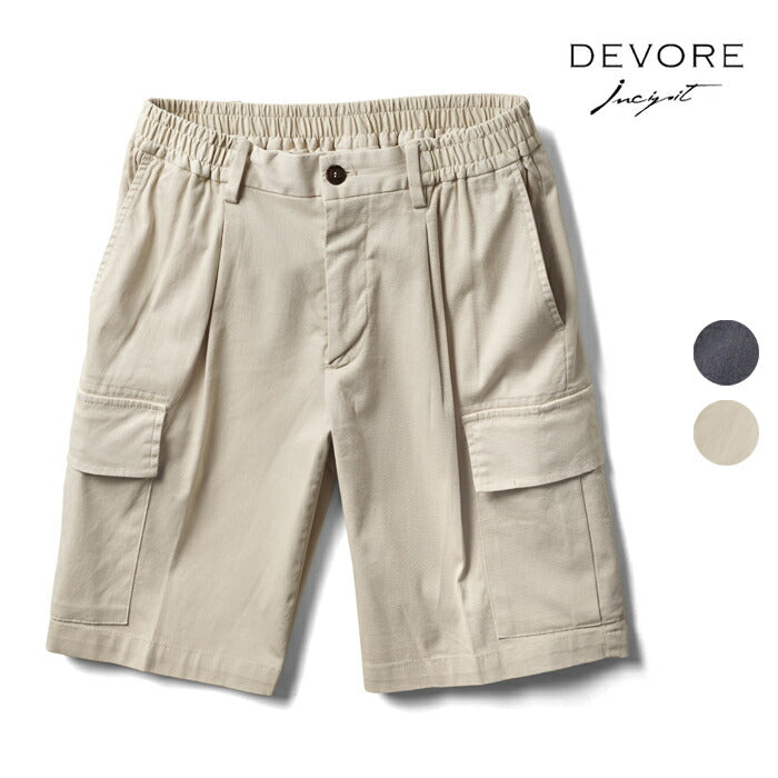 デヴォレ インチピット DEVORE incipit ハーフパンツ カーゴショーツ 製品染め D131-G061 コットン ミリタリー ネイビー ベージュ 25春夏 チノパンツ チノ ウエストゴム イタリア ワンプリーツ メンズ 短パン
