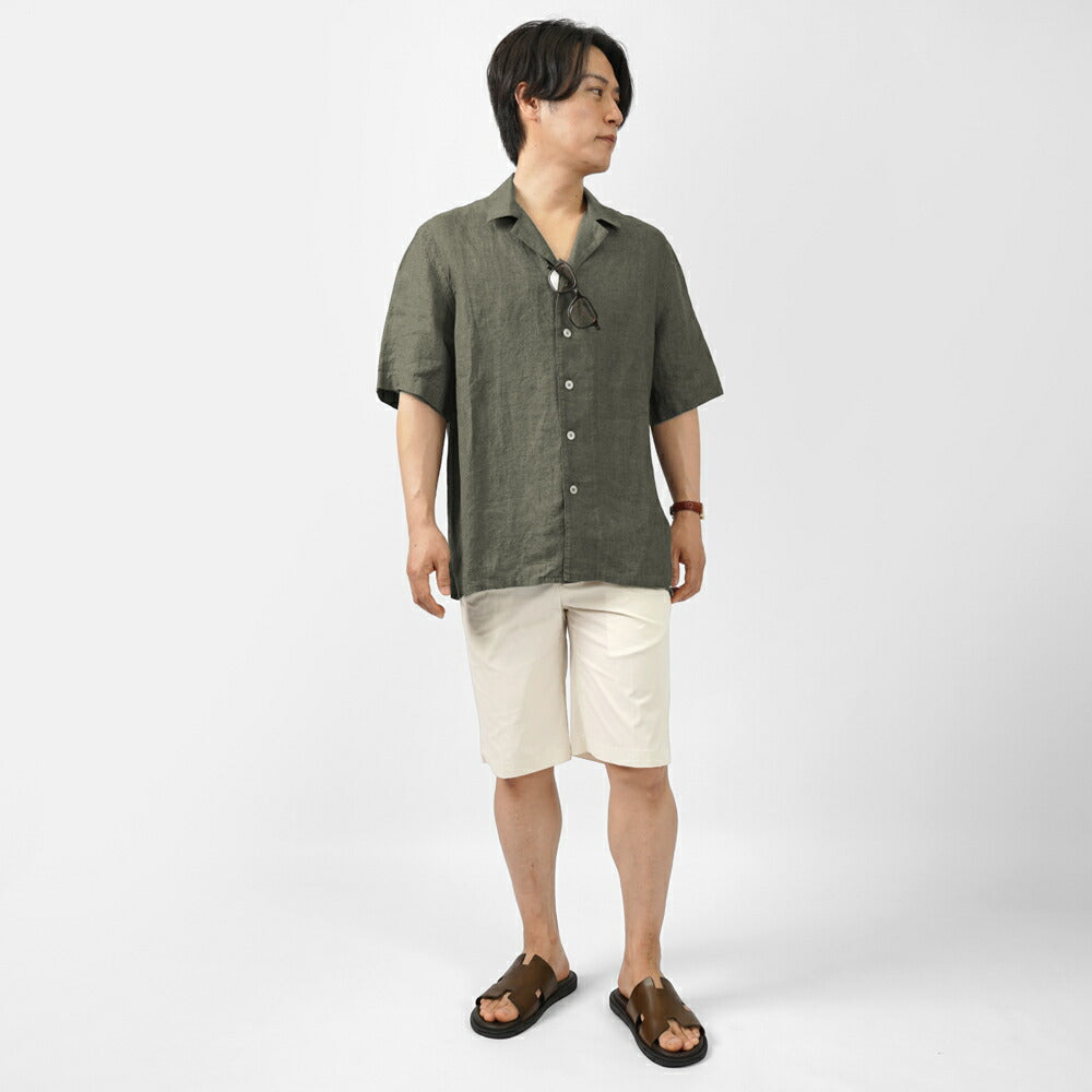 アレッサンドロゲラルディ ALESSANDRO GHERARDI オープンカラーシャツ 半袖シャツ MIAMI5 7423 開襟シャツ リネン カーキ アイボリー イタリア メンズ 半袖 シャツ カジュアル シャツ 夏 無地 オープンカラー 開襟 リネンシャツ