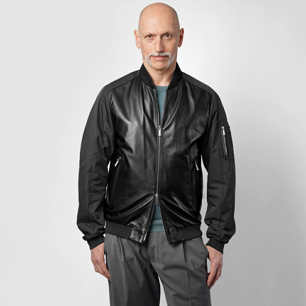 ムーレー MOORER レザーコンビ ボンバージャケット EDISON-PEK ma-1 レザー 切り替え メンズライトアウター ma1 ブルゾン メンズ エジソン ミリタリージャケット ライトアウター ブランド ナッパレザー ナイロン ミリタリー アウター アウタージャケット NERO ブラック