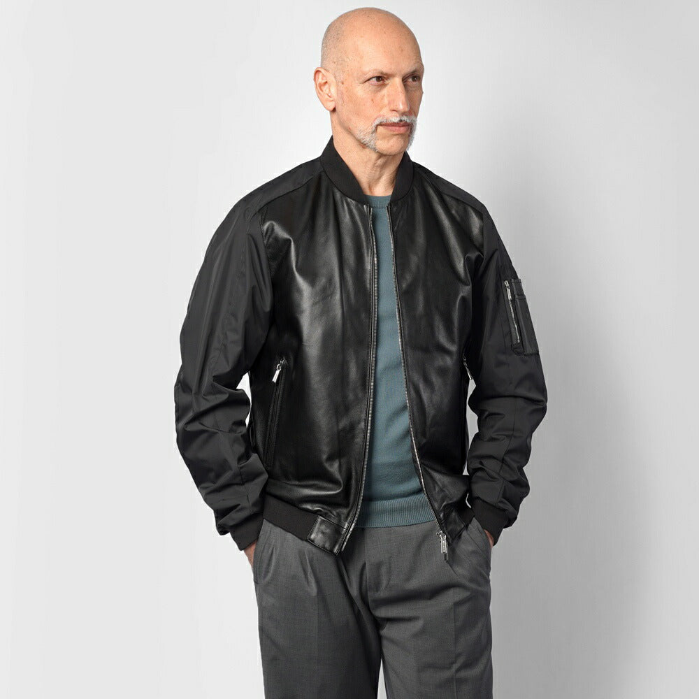 ムーレー MOORER レザーコンビ ボンバージャケット EDISON-PEK ma-1 レザー 切り替え メンズライトアウター ma1 ブルゾン メンズ エジソン ミリタリージャケット ライトアウター ブランド ナッパレザー ナイロン ミリタリー アウター アウタージャケット NERO ブラック