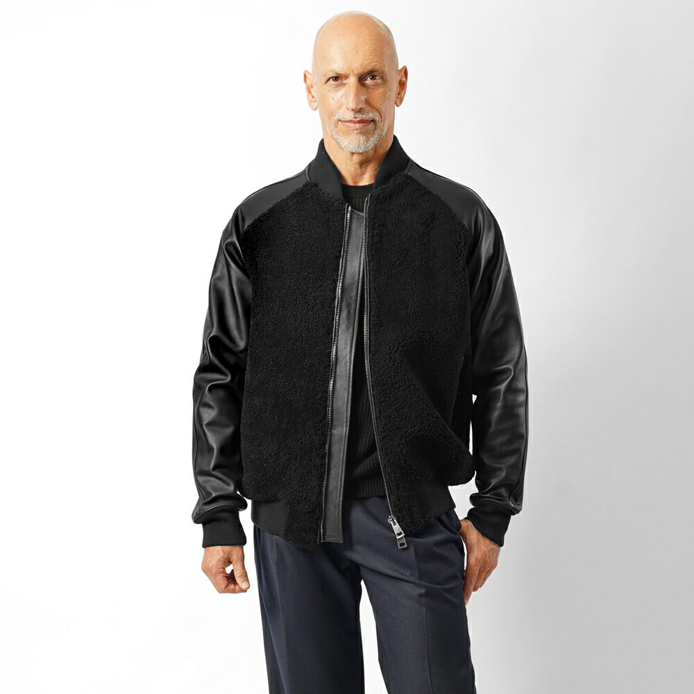 ジェッリ GELLI FRED MA-1 シャーリング ボンバージャケット スタジャン ムートン ブルゾン レザー メンズ レザージャケット ブラック イタリア レザージャケット スタジアムジャケット 本革