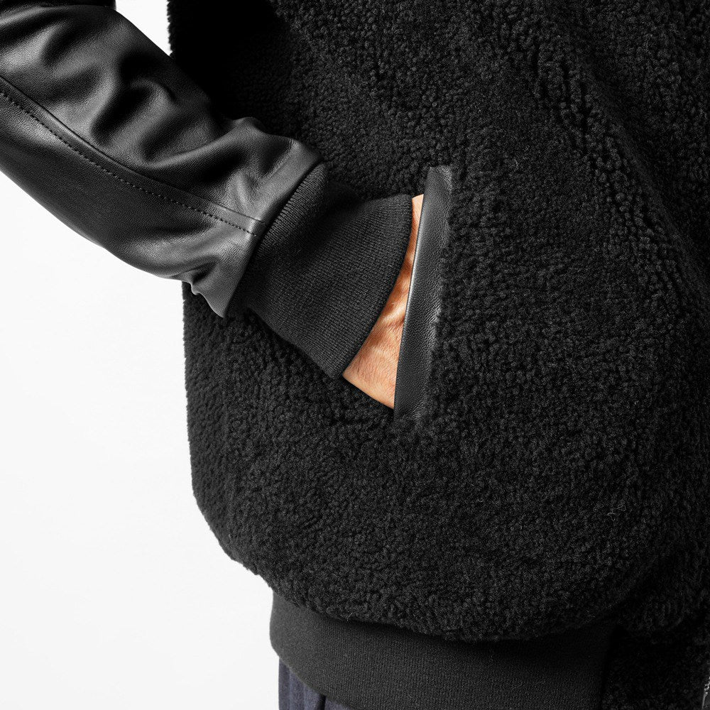 ジェッリ GELLI FRED MA-1 シャーリング ボンバージャケット スタジャン ムートン ブルゾン レザー メンズ レザージャケット ブラック イタリア レザージャケット スタジアムジャケット 本革