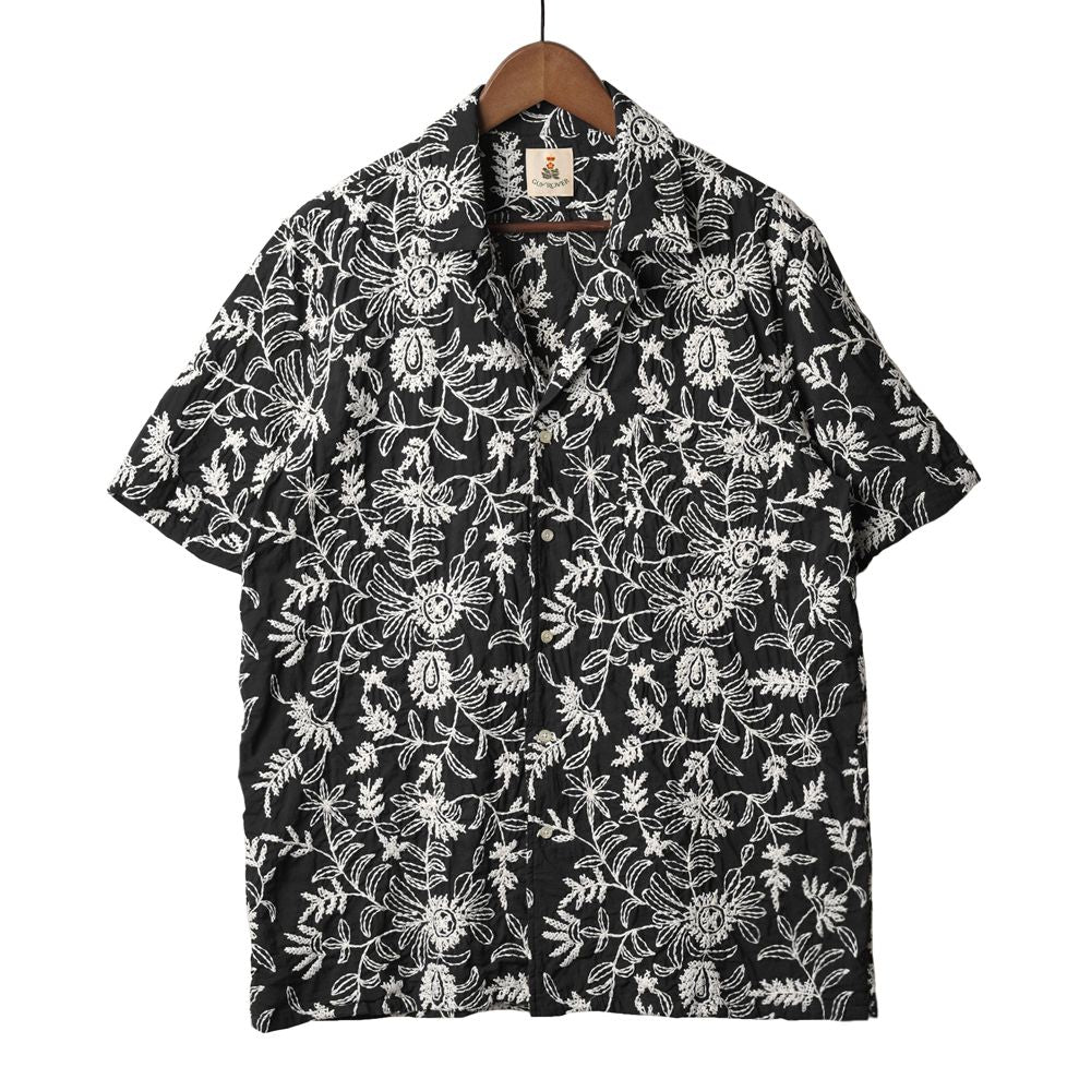 ギローバー GUY ROVER 刺繍入り オープンカラーシャツ 3850GR352LJ 551297 半袖 開襟 開襟シャツ コットン ボタニカル柄 刺繍 柄シャツ ブラック ベージュ イタリア メンズ 半袖 カジュアル シャツ 夏 インポート 25春夏 25SS