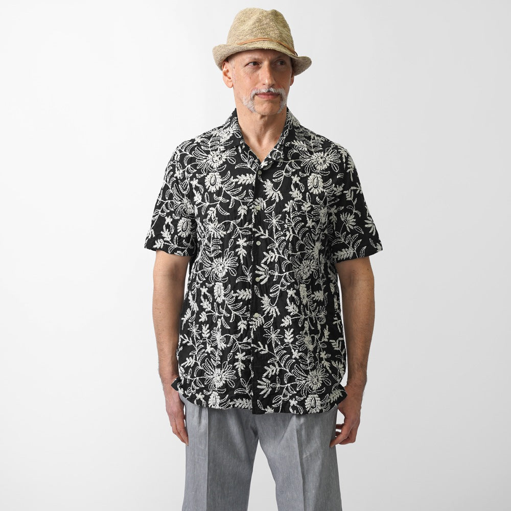 ギローバー GUY ROVER 刺繍入り オープンカラーシャツ 3850GR352LJ 551297 半袖 開襟 開襟シャツ コットン ボタニカル柄 刺繍 柄シャツ ブラック ベージュ イタリア メンズ 半袖 カジュアル シャツ 夏 インポート 25春夏 25SS