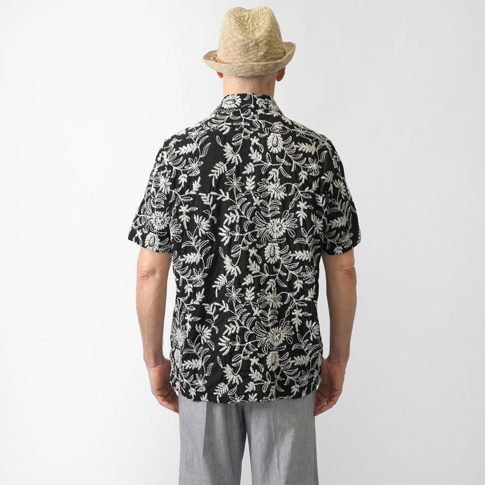 ギローバー GUY ROVER 刺繍入り オープンカラーシャツ 3850GR352LJ 551297 半袖 開襟 開襟シャツ コットン ボタニカル柄 刺繍 柄シャツ ブラック ベージュ イタリア メンズ 半袖 カジュアル シャツ 夏 インポート 25春夏 25SS