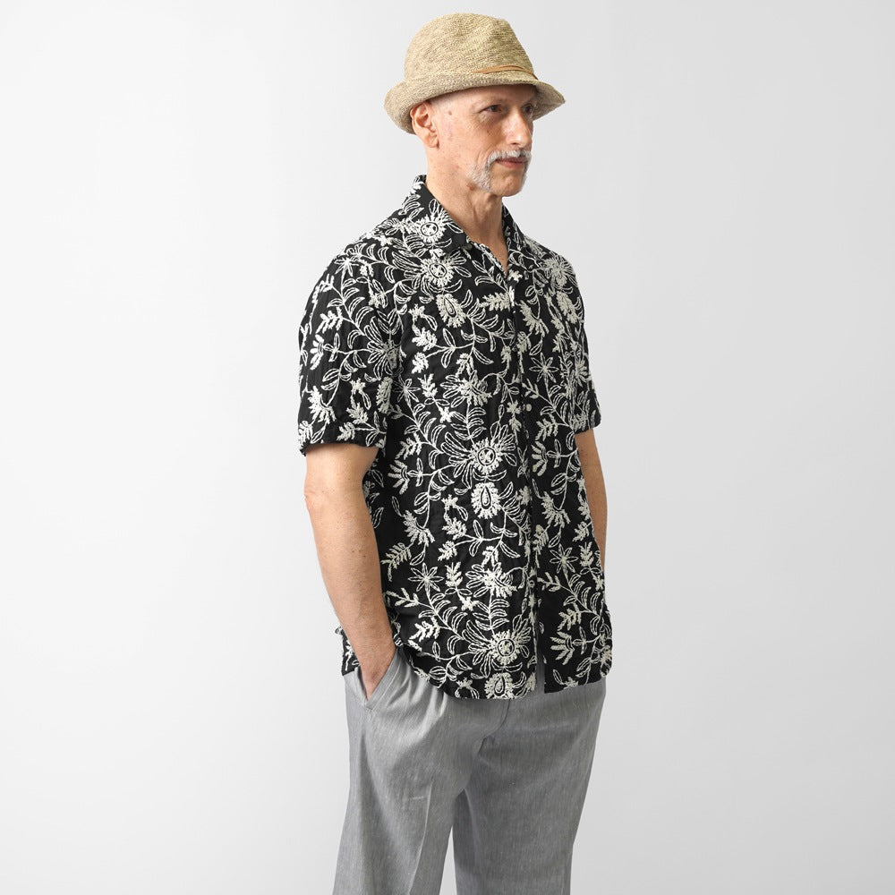 ギローバー GUY ROVER 刺繍入り オープンカラーシャツ 3850GR352LJ 551297 半袖 開襟 開襟シャツ コットン ボタニカル柄 刺繍 柄シャツ ブラック ベージュ イタリア メンズ 半袖 カジュアル シャツ 夏 インポート 25春夏 25SS