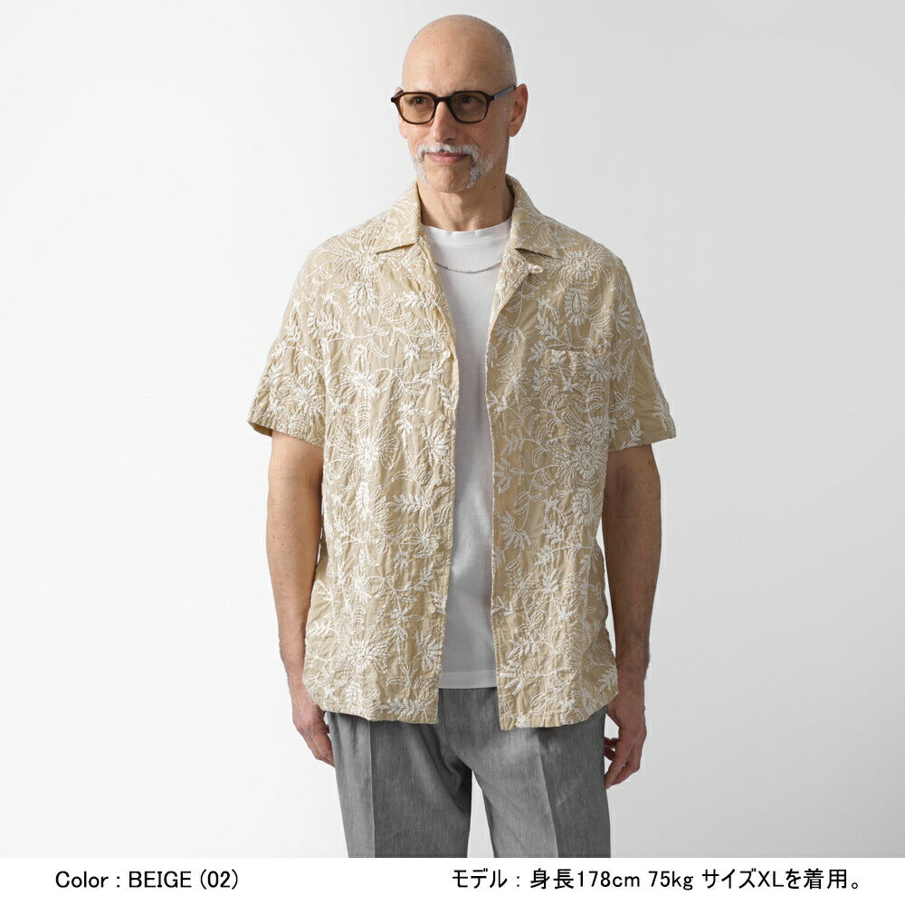 ギローバー GUY ROVER 刺繍入り オープンカラーシャツ 3850GR352LJ 551297 半袖 開襟 開襟シャツ コットン ボタニカル柄 刺繍 柄シャツ ブラック ベージュ イタリア メンズ 半袖 カジュアル シャツ 夏 インポート 25春夏 25SS