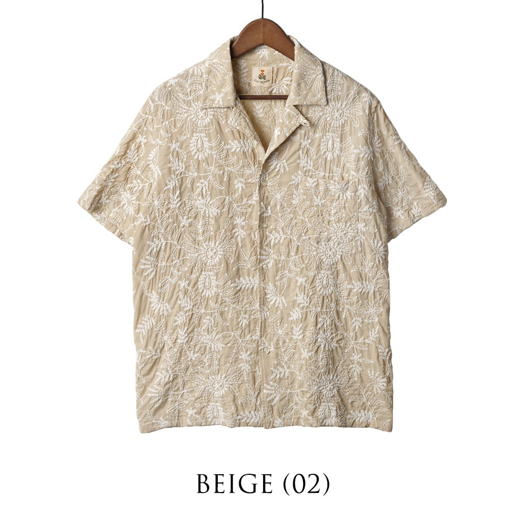 ギローバー GUY ROVER 刺繍入り オープンカラーシャツ 3850GR352LJ 551297 半袖 開襟 開襟シャツ コットン ボタニカル柄 刺繍 柄シャツ ブラック ベージュ イタリア メンズ 半袖 カジュアル シャツ 夏 インポート 25春夏 25SS