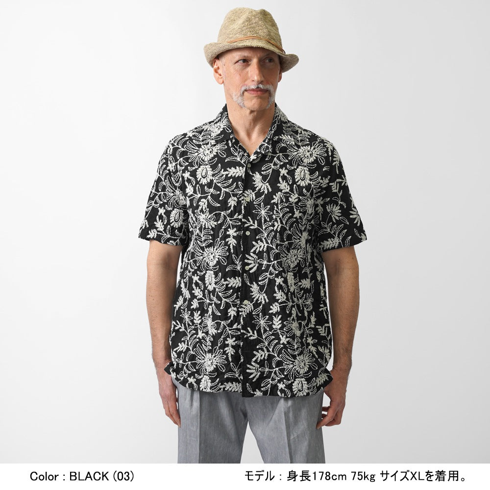 ギローバー GUY ROVER 刺繍入り オープンカラーシャツ 3850GR352LJ 551297 半袖 開襟 開襟シャツ コットン ボタニカル柄 刺繍 柄シャツ ブラック ベージュ イタリア メンズ 半袖 カジュアル シャツ 夏 インポート 25春夏 25SS