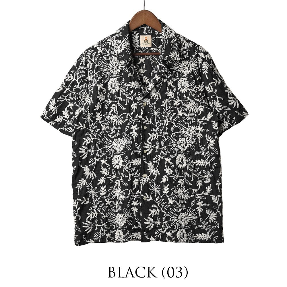 ギローバー GUY ROVER 刺繍入り オープンカラーシャツ 3850GR352LJ 551297 半袖 開襟 開襟シャツ コットン ボタニカル柄 刺繍 柄シャツ ブラック ベージュ イタリア メンズ 半袖 カジュアル シャツ 夏 インポート 25春夏 25SS