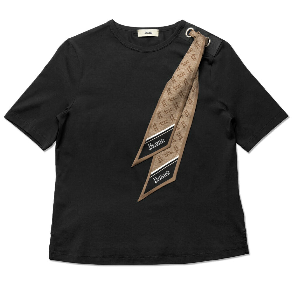 【返品不可】ヘルノ HERNO Tシャツ JG000219D レディース スカーフ付き クルーネック ブラック  ホワイト ネイビー きれいめ エレガント 半袖 スリム ブランド 白 黒 紺 無地 スカーフ モノグラム シルクスカーフ 春 夏 コットンジャージー コットン ストレッチ