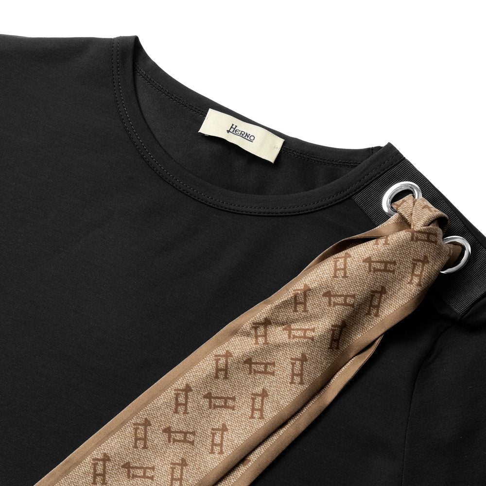 【返品不可】ヘルノ HERNO Tシャツ JG000219D レディース スカーフ付き クルーネック ブラック  ホワイト ネイビー きれいめ エレガント 半袖 スリム ブランド 白 黒 紺 無地 スカーフ モノグラム シルクスカーフ 春 夏 コットンジャージー コットン ストレッチ