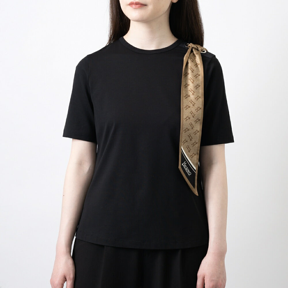 【返品不可】ヘルノ HERNO Tシャツ JG000219D レディース スカーフ付き クルーネック ブラック  ホワイト ネイビー きれいめ エレガント 半袖 スリム ブランド 白 黒 紺 無地 スカーフ モノグラム シルクスカーフ 春 夏 コットンジャージー コットン ストレッチ