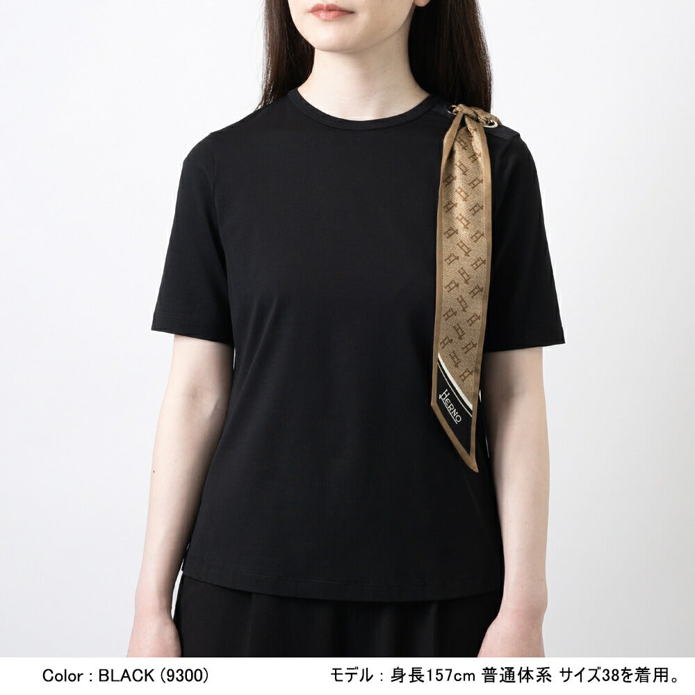 【返品不可】ヘルノ HERNO Tシャツ JG000219D レディース スカーフ付き クルーネック ブラック  ホワイト ネイビー きれいめ エレガント 半袖 スリム ブランド 白 黒 紺 無地 スカーフ モノグラム シルクスカーフ 春 夏 コットンジャージー コットン ストレッチ