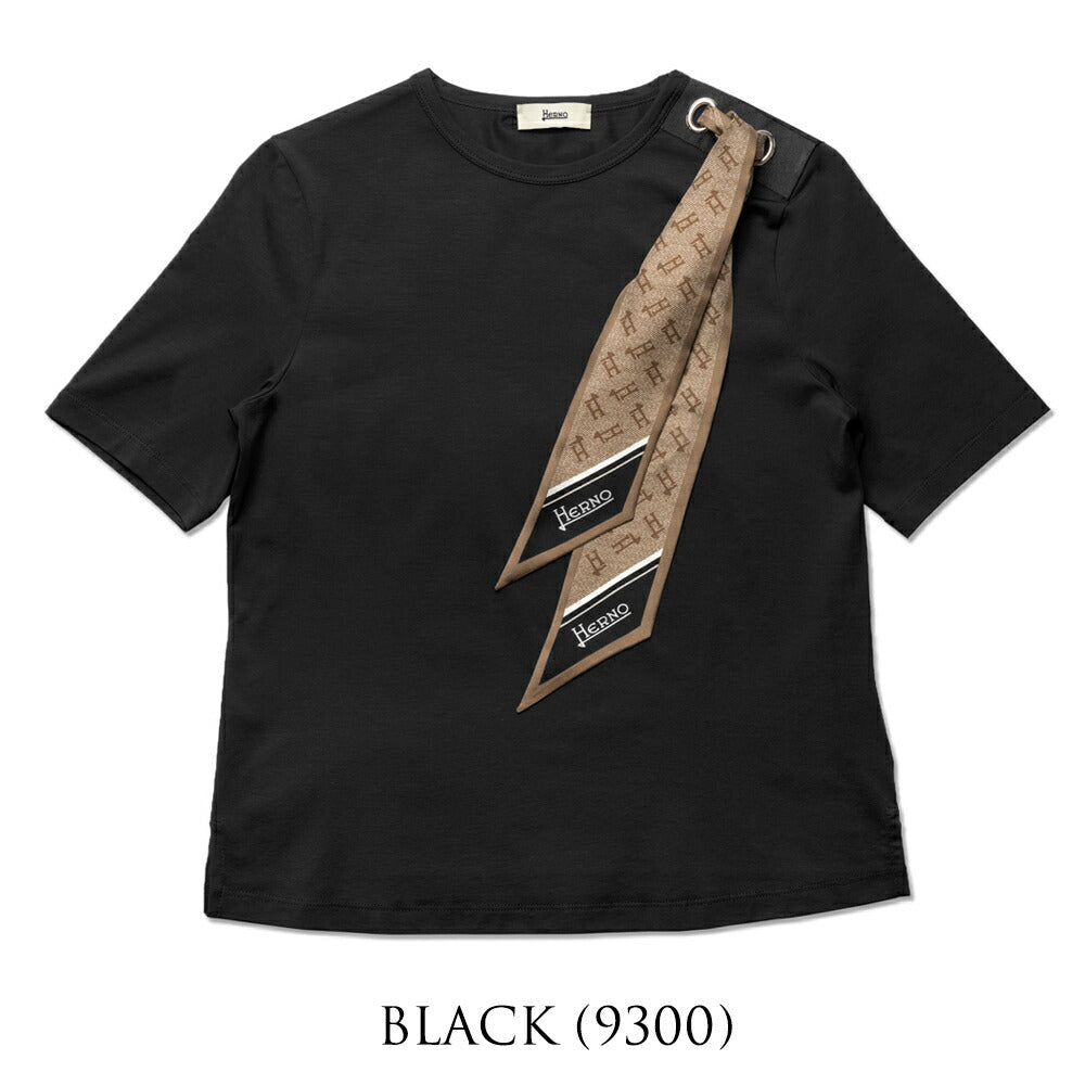 【返品不可】ヘルノ HERNO Tシャツ JG000219D レディース スカーフ付き クルーネック ブラック  ホワイト ネイビー きれいめ エレガント 半袖 スリム ブランド 白 黒 紺 無地 スカーフ モノグラム シルクスカーフ 春 夏 コットンジャージー コットン ストレッチ