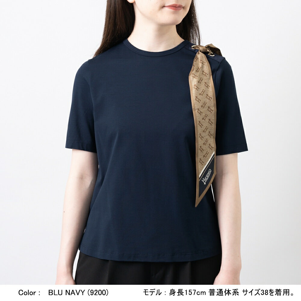 【返品不可】ヘルノ HERNO Tシャツ JG000219D レディース スカーフ付き クルーネック ブラック  ホワイト ネイビー きれいめ エレガント 半袖 スリム ブランド 白 黒 紺 無地 スカーフ モノグラム シルクスカーフ 春 夏 コットンジャージー コットン ストレッチ