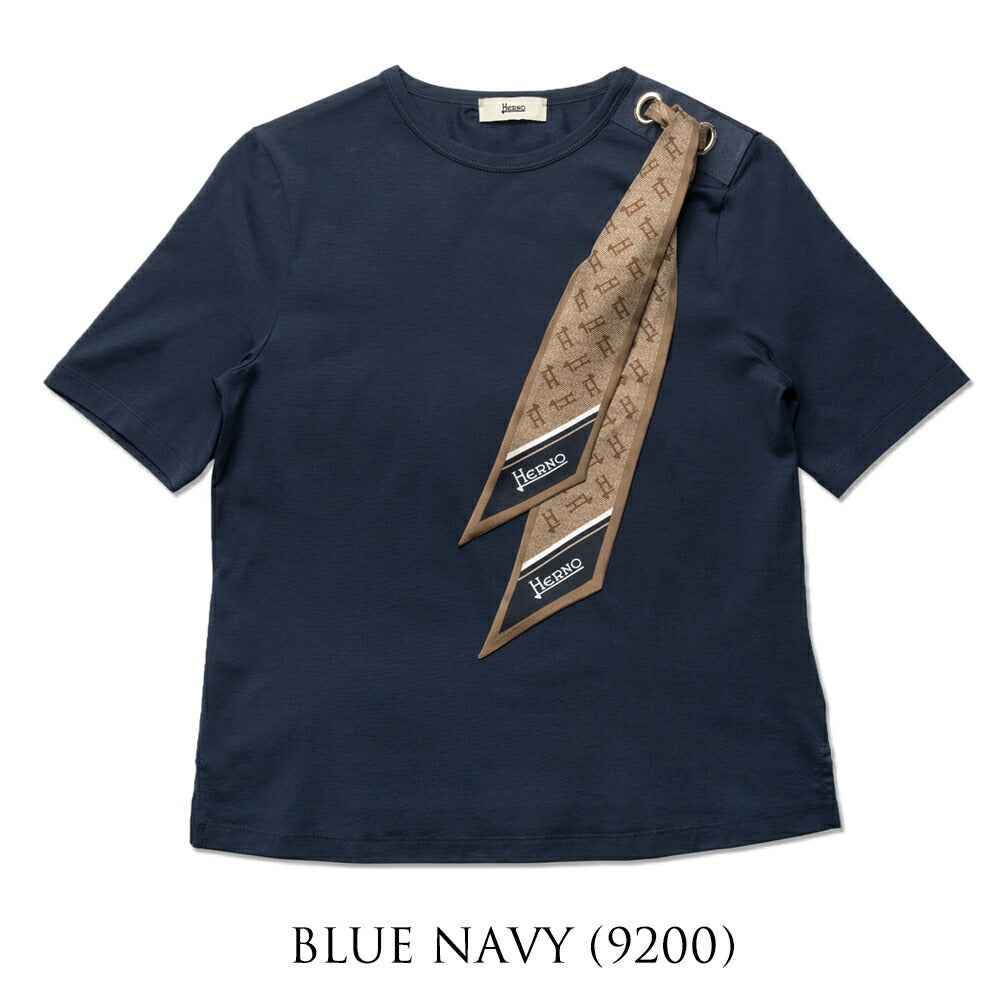 【返品不可】ヘルノ HERNO Tシャツ JG000219D レディース スカーフ付き クルーネック ブラック  ホワイト ネイビー きれいめ エレガント 半袖 スリム ブランド 白 黒 紺 無地 スカーフ モノグラム シルクスカーフ 春 夏 コットンジャージー コットン ストレッチ