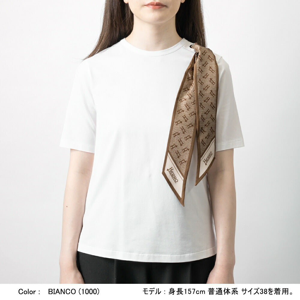 【返品不可】ヘルノ HERNO Tシャツ JG000219D レディース スカーフ付き クルーネック ブラック  ホワイト ネイビー きれいめ エレガント 半袖 スリム ブランド 白 黒 紺 無地 スカーフ モノグラム シルクスカーフ 春 夏 コットンジャージー コットン ストレッチ