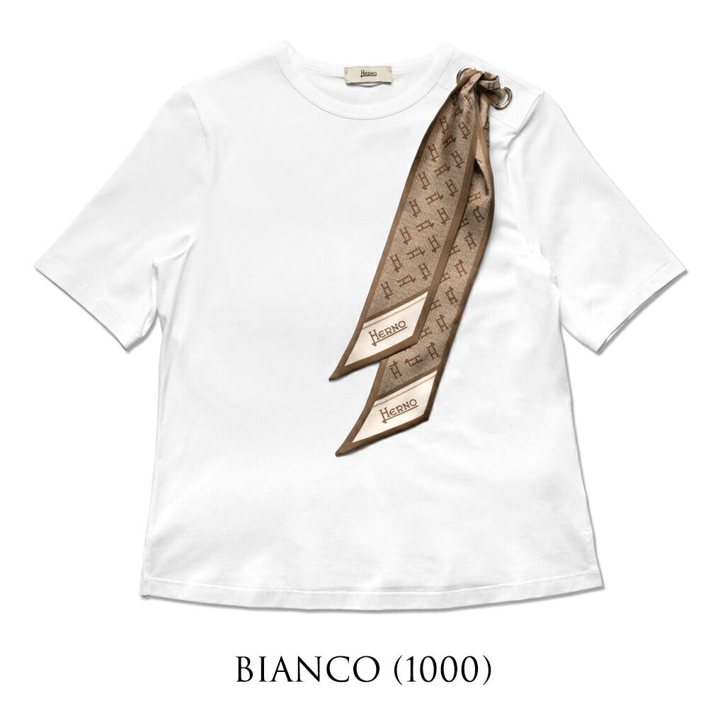 【返品不可】ヘルノ HERNO Tシャツ JG000219D レディース スカーフ付き クルーネック ブラック  ホワイト ネイビー きれいめ エレガント 半袖 スリム ブランド 白 黒 紺 無地 スカーフ モノグラム シルクスカーフ 春 夏 コットンジャージー コットン ストレッチ