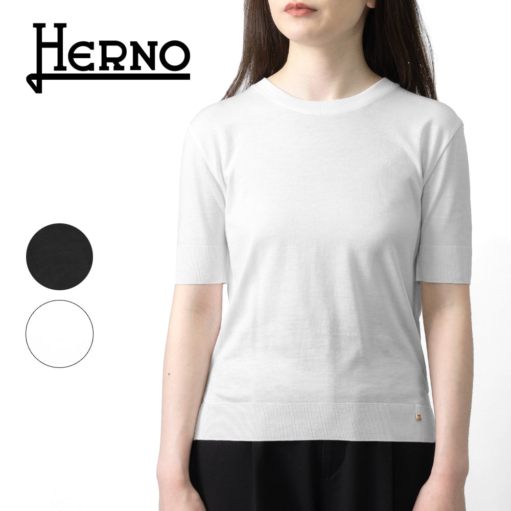 【返品不可】ヘルノ HERNO ニットTシャツ JG000223D レディース クルーネック Tシャツ ブラック ホワイト きれいめ 半袖 白 黒 無地 スリム ブランド 春 夏 コットンジャージー リヨセル コットン ストレッチ