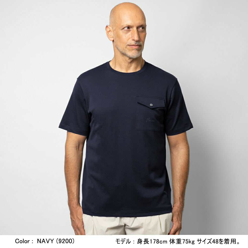 ヘルノ HERNO Tシャツ クルーネック JG00027UR ネイビー カーキ ポケット付き リゾートライン メンズ Tシャツ イタリア カットソー 高級Tシャツ ハイブランド 半袖