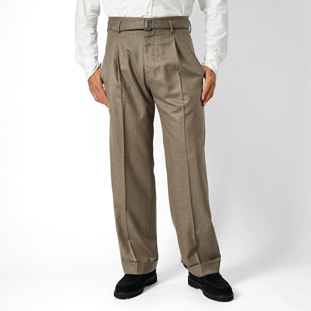 エキパージュ EQUIPAGE ベルテッドパンツ スラックス ワイド PROTEO 106 ウール 25秋冬 ベルテッド ベルト ワイドパンツ メンズ カジュアル ビジネス イタリア ワイドスラックス ブラウン ネイビー
