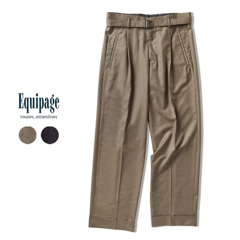 エキパージュ EQUIPAGE ベルテッドパンツ スラックス ワイド PROTEO 106 ウール 25秋冬 ベルテッド ベルト ワイドパンツ メンズ カジュアル ビジネス イタリア ワイドスラックス ブラウン ネイビー